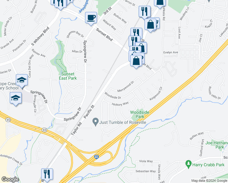 map of restaurants, bars, coffee shops, grocery stores, and more near 6159 Merrywood Drive in Rocklin