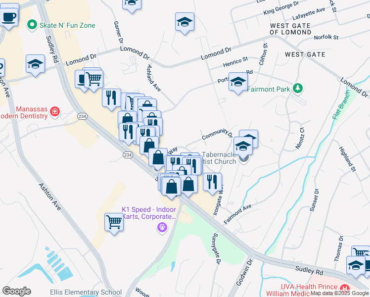 map of restaurants, bars, coffee shops, grocery stores, and more near Irongate Way & Community Dr in West Gate