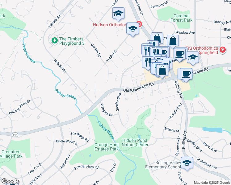 map of restaurants, bars, coffee shops, grocery stores, and more near 8603 Old Keene Mill Road in West Springfield