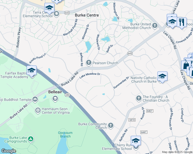 map of restaurants, bars, coffee shops, grocery stores, and more near 6475 Lake Meadow Drive in Burke