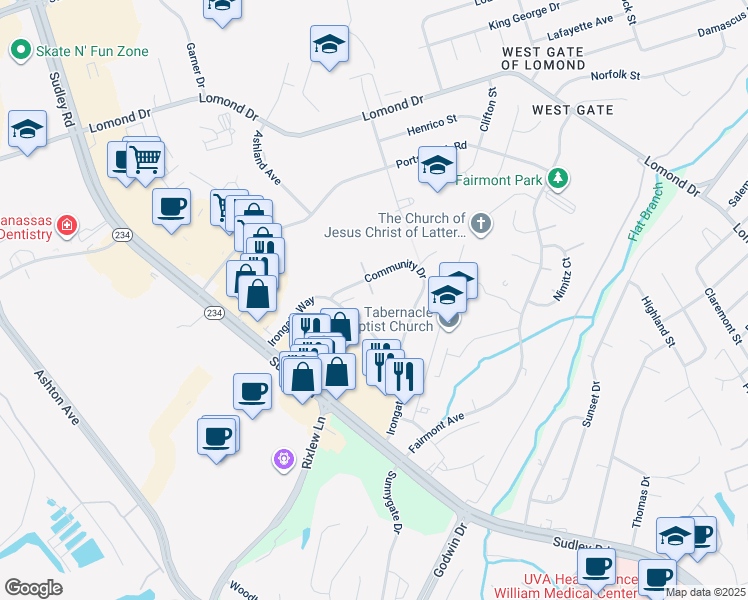 map of restaurants, bars, coffee shops, grocery stores, and more near 7914 Sharpsburg Court in Manassas