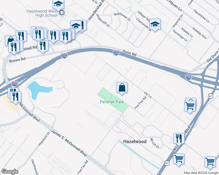 map of restaurants, bars, coffee shops, grocery stores, and more near 6 Robinwing Lane in Hazelwood