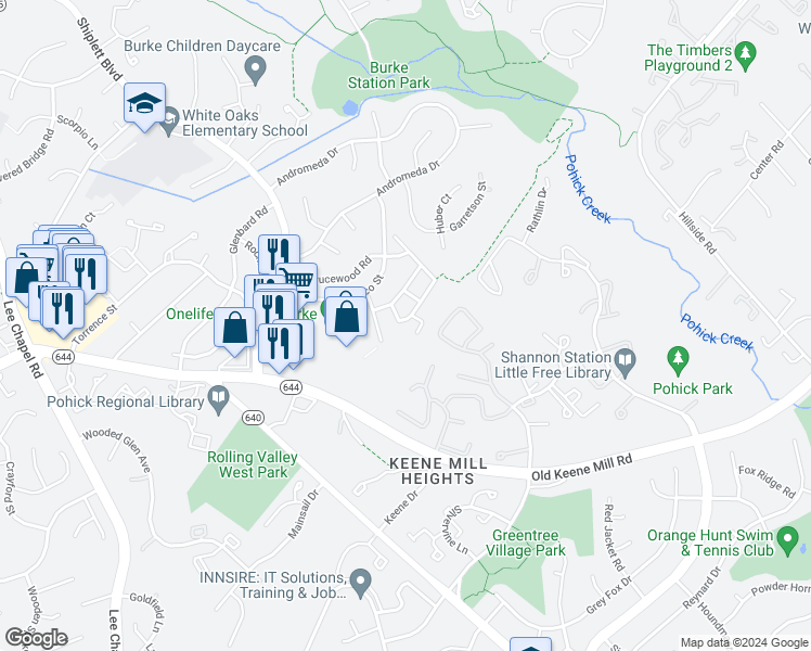 map of restaurants, bars, coffee shops, grocery stores, and more near 6473 Fenestra Court in Burke