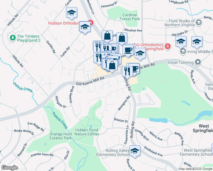 map of restaurants, bars, coffee shops, grocery stores, and more near 8425 Millwood Drive in West Springfield