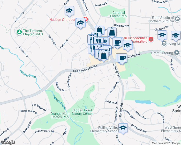map of restaurants, bars, coffee shops, grocery stores, and more near 6363 English Ivy Way in West Springfield