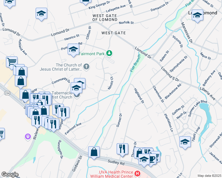 map of restaurants, bars, coffee shops, grocery stores, and more near 9857 Nimitz Court in Manassas