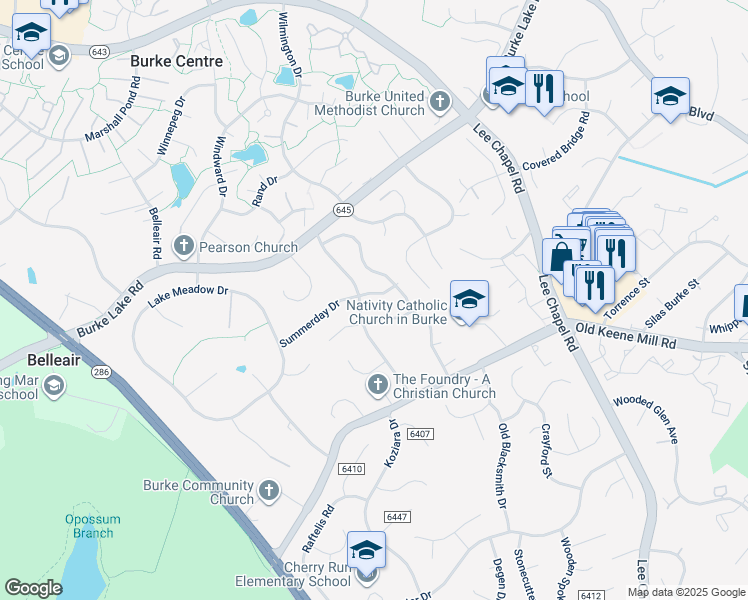 map of restaurants, bars, coffee shops, grocery stores, and more near 9807 Summerday Drive in Burke