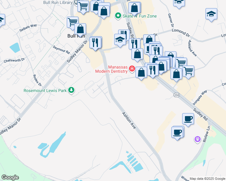 map of restaurants, bars, coffee shops, grocery stores, and more near 8236 Wycliffe Court in Manassas