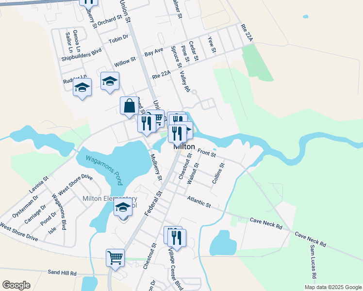 map of restaurants, bars, coffee shops, grocery stores, and more near Delaware 5 in Milton