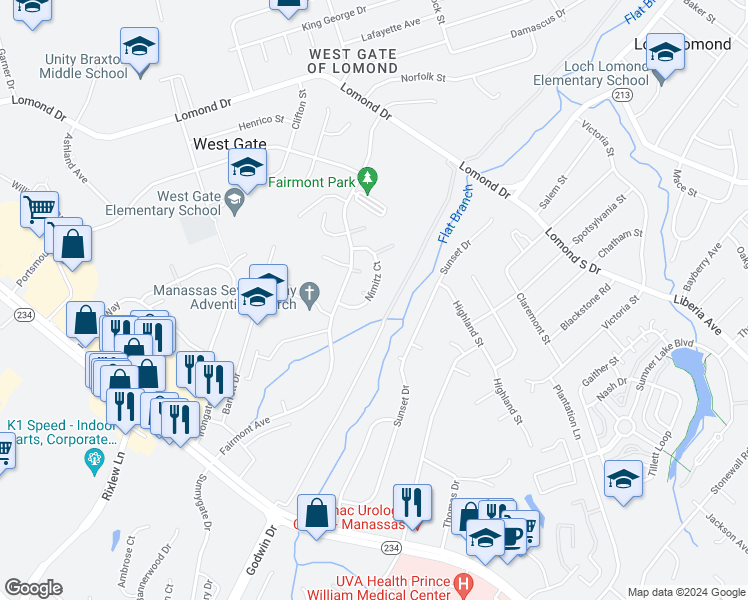 map of restaurants, bars, coffee shops, grocery stores, and more near 9857 Nimitz Court in Manassas