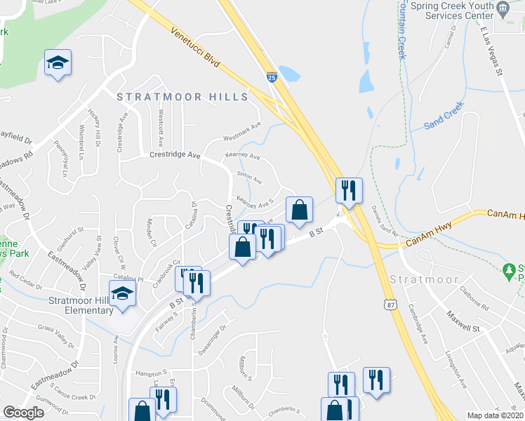 map of restaurants, bars, coffee shops, grocery stores, and more near 545 Kearney Avenue South in Colorado Springs
