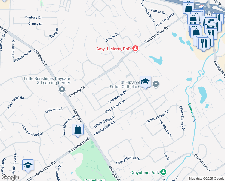 map of restaurants, bars, coffee shops, grocery stores, and more near 1605 Dawnbreak Court in Saint Charles