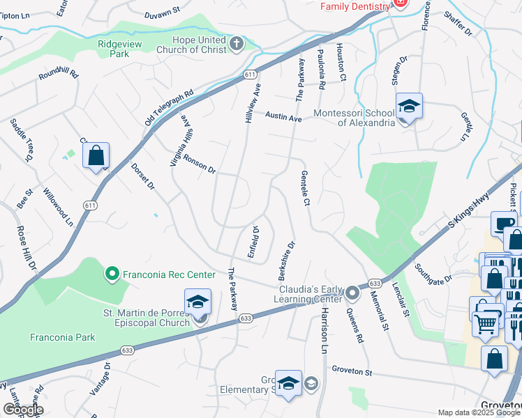 map of restaurants, bars, coffee shops, grocery stores, and more near 6409 The Parkway in Alexandria