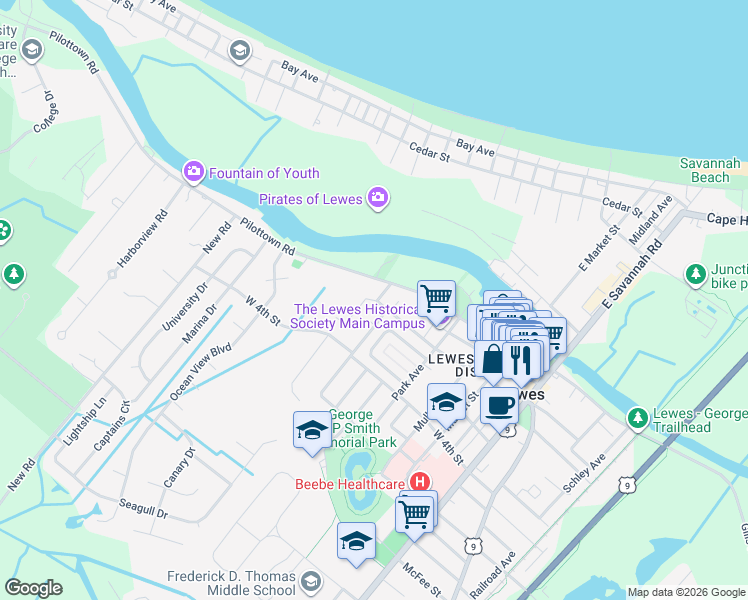 map of restaurants, bars, coffee shops, grocery stores, and more near 107 Bradley Ln in Lewes