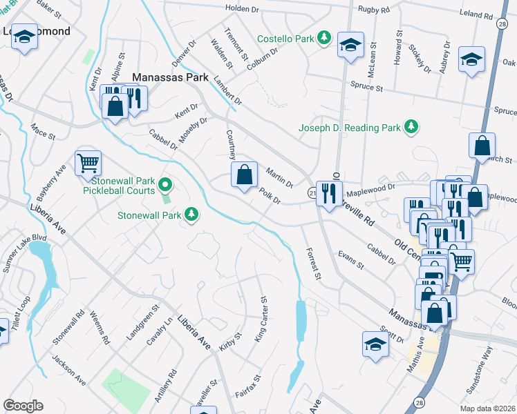 map of restaurants, bars, coffee shops, grocery stores, and more near 192 Cabbel Drive in Manassas Park