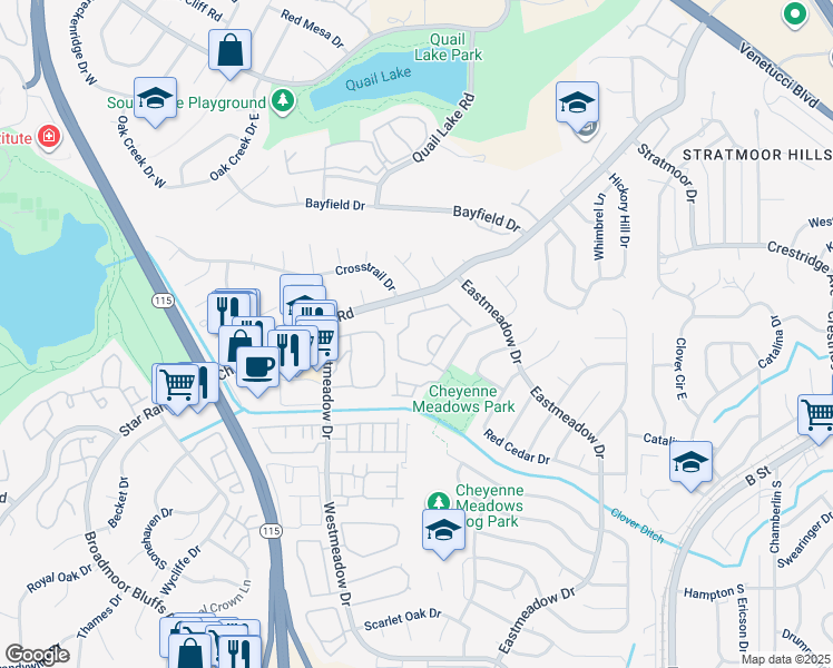 map of restaurants, bars, coffee shops, grocery stores, and more near 3645 Strawberry Field Grove in Colorado Springs