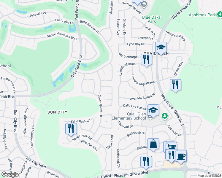 map of restaurants, bars, coffee shops, grocery stores, and more near 5408 Campcreek Loop in Roseville
