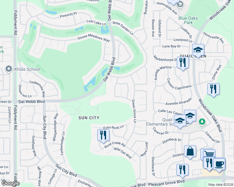 map of restaurants, bars, coffee shops, grocery stores, and more near 317 Savannah Court in Roseville