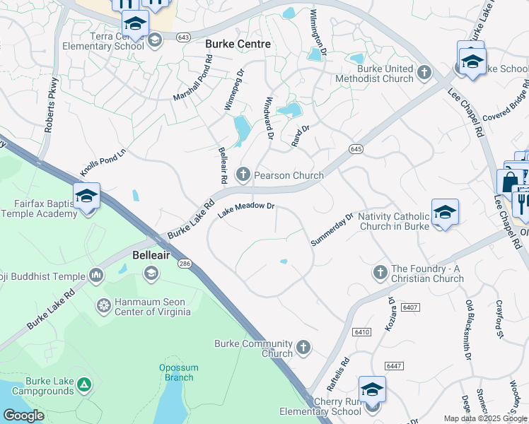 map of restaurants, bars, coffee shops, grocery stores, and more near 6475 Lake Meadow Drive in Burke
