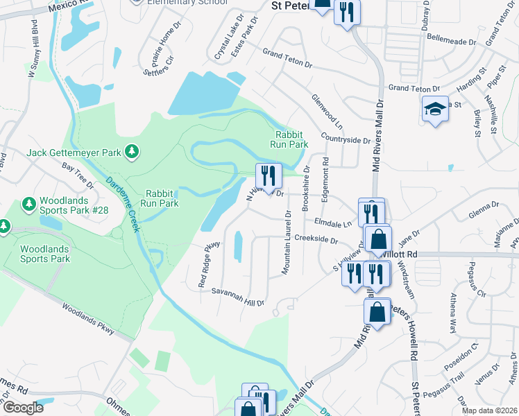 map of restaurants, bars, coffee shops, grocery stores, and more near 3 Charleston Court in St. Peters