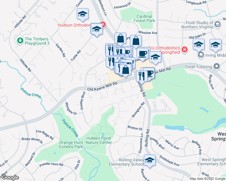 map of restaurants, bars, coffee shops, grocery stores, and more near 6306 Millwood Court in West Springfield