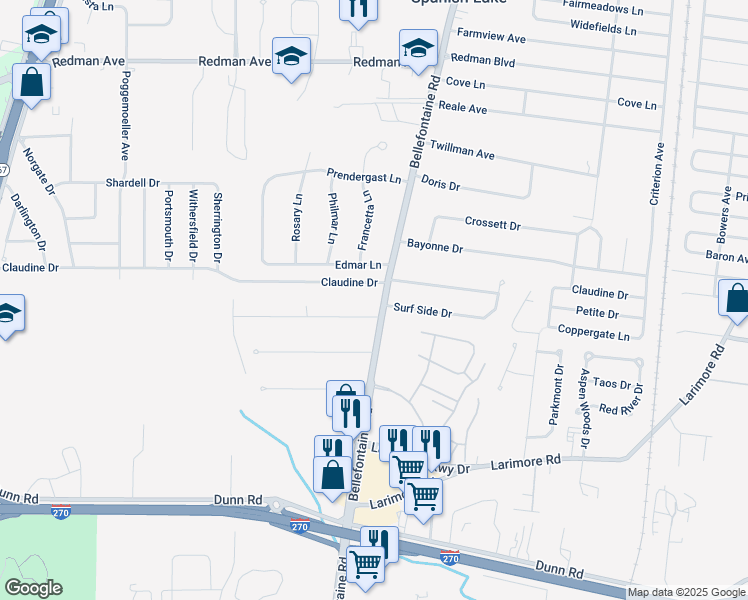 map of restaurants, bars, coffee shops, grocery stores, and more near 11413 Bellefontaine Road in Saint Louis