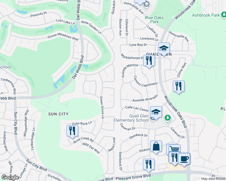 map of restaurants, bars, coffee shops, grocery stores, and more near 5408 Campcreek Loop in Roseville