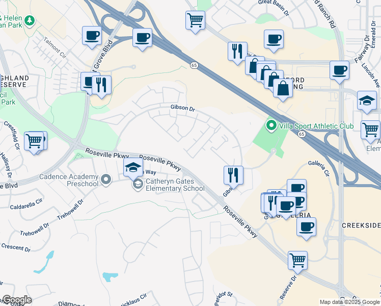 map of restaurants, bars, coffee shops, grocery stores, and more near 501 Gibson Drive in Roseville
