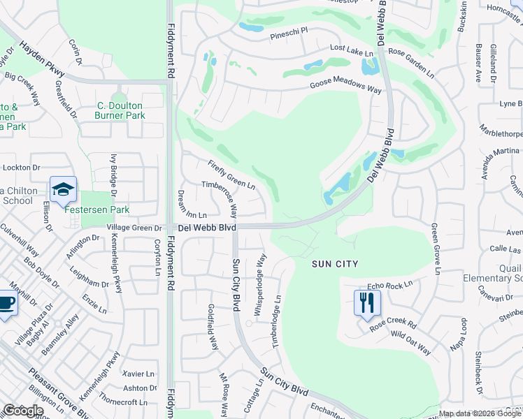 map of restaurants, bars, coffee shops, grocery stores, and more near 7053 Windchime Way in Roseville