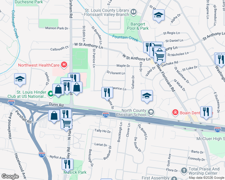 map of restaurants, bars, coffee shops, grocery stores, and more near 175 Saint Maurice Lane in Florissant