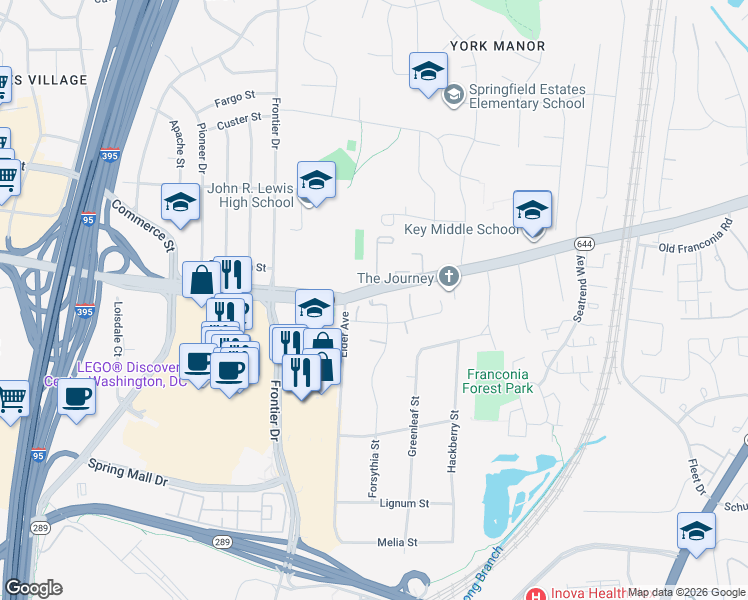 map of restaurants, bars, coffee shops, grocery stores, and more near 6562 Forsythia Street in Springfield
