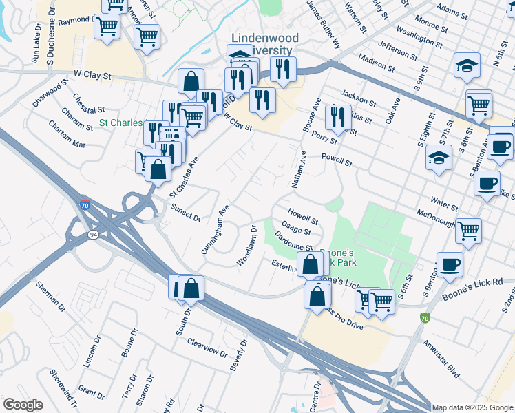 map of restaurants, bars, coffee shops, grocery stores, and more near 30 Cunningham Court in Saint Charles