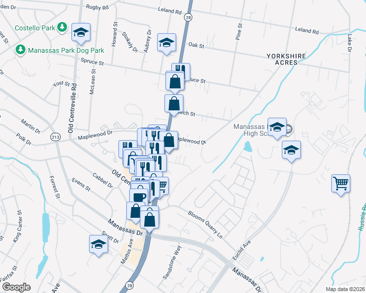 map of restaurants, bars, coffee shops, grocery stores, and more near 8317 Maplewood Drive in Manassas