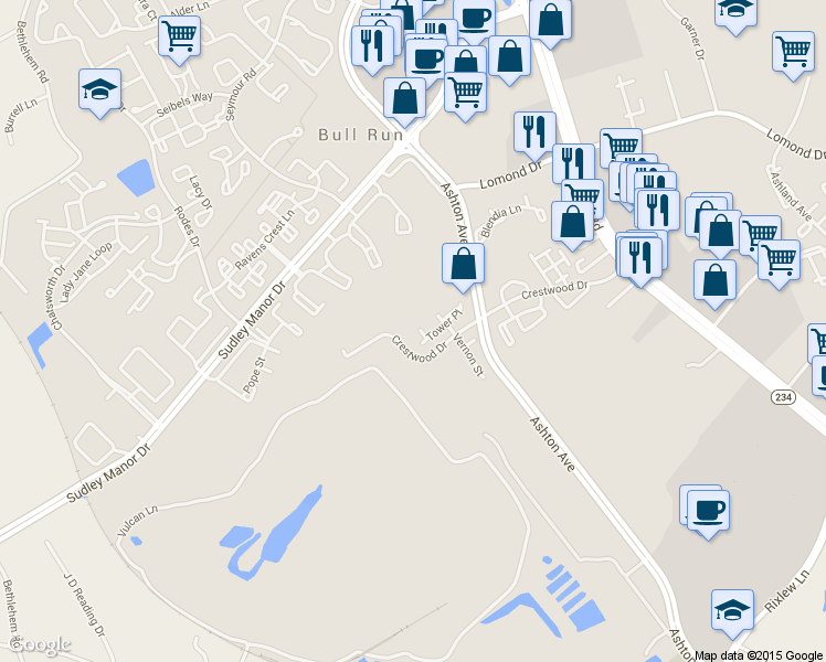 map of restaurants, bars, coffee shops, grocery stores, and more near 8230 Blue Ridge Court in Manassas