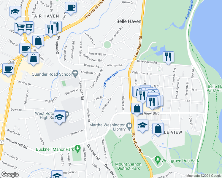 map of restaurants, bars, coffee shops, grocery stores, and more near 2017 Swan Terrace in Alexandria