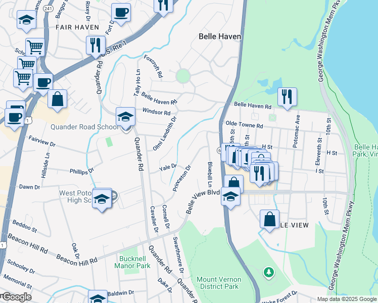 map of restaurants, bars, coffee shops, grocery stores, and more near 2017 Swan Terrace in Alexandria