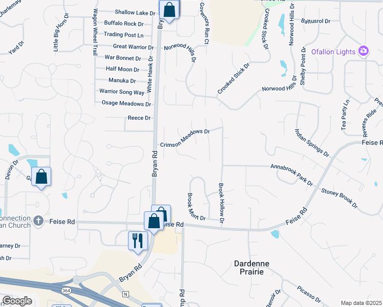 map of restaurants, bars, coffee shops, grocery stores, and more near 110 Cloverleaf Meadows Court in O'Fallon