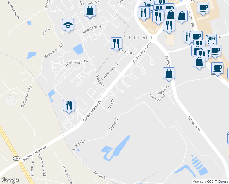 map of restaurants, bars, coffee shops, grocery stores, and more near 8239 Gibbon Place in Manassas