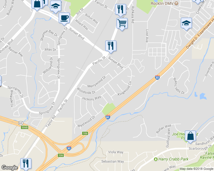 map of restaurants, bars, coffee shops, grocery stores, and more near 6091 Kingwood Circle in Rocklin