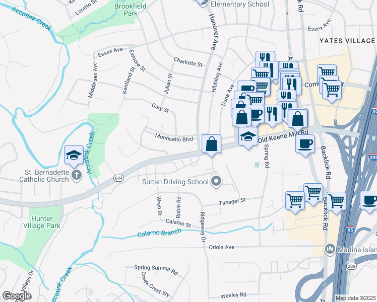 map of restaurants, bars, coffee shops, grocery stores, and more near 7304 Old Keene Mill Road in Springfield