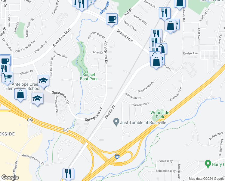 map of restaurants, bars, coffee shops, grocery stores, and more near 5648 Mapleridge Court in Rocklin