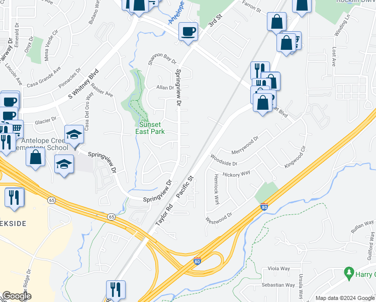 map of restaurants, bars, coffee shops, grocery stores, and more near 5644 Mapleridge Court in Rocklin