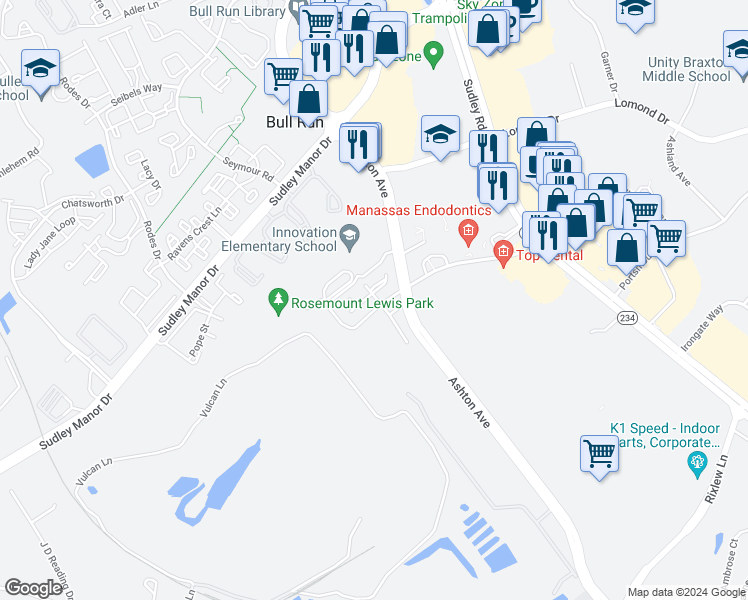 map of restaurants, bars, coffee shops, grocery stores, and more near 11001 Tower Place in Manassas