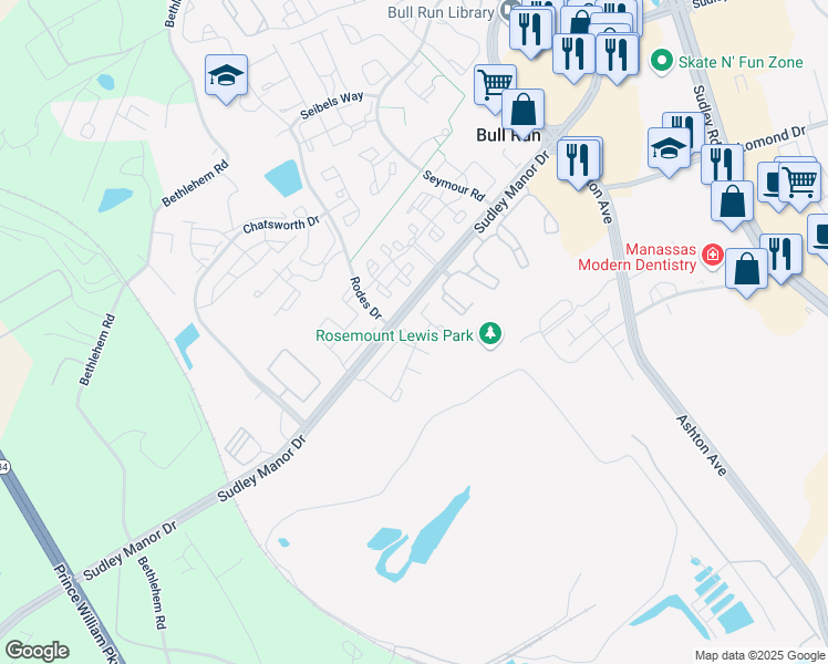 map of restaurants, bars, coffee shops, grocery stores, and more near 8239 Gibbon Place in Manassas
