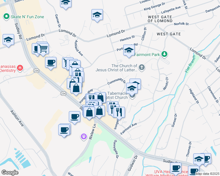 map of restaurants, bars, coffee shops, grocery stores, and more near 7999 Sharpsburg Court in Manassas