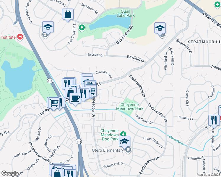 map of restaurants, bars, coffee shops, grocery stores, and more near 3645 Strawberry Field Grove in Colorado Springs