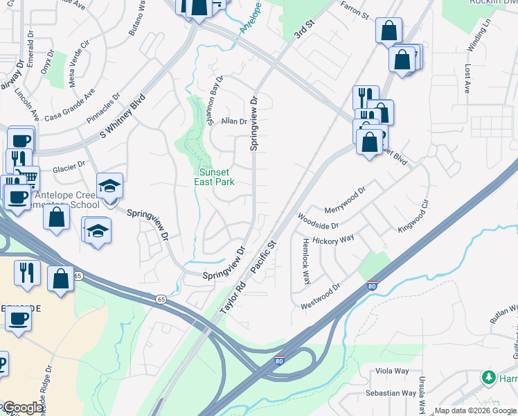 map of restaurants, bars, coffee shops, grocery stores, and more near 5703 Sunflower Court in Rocklin
