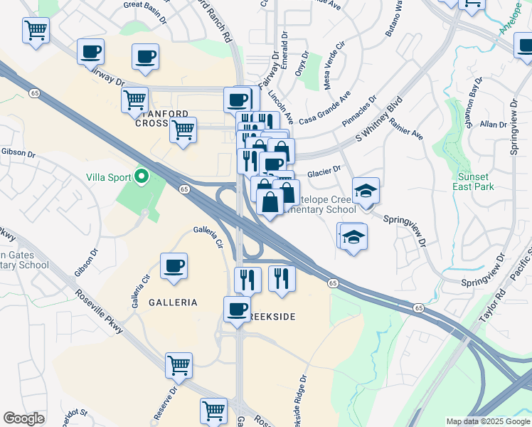 map of restaurants, bars, coffee shops, grocery stores, and more near 6830 Five Star Boulevard in Rocklin