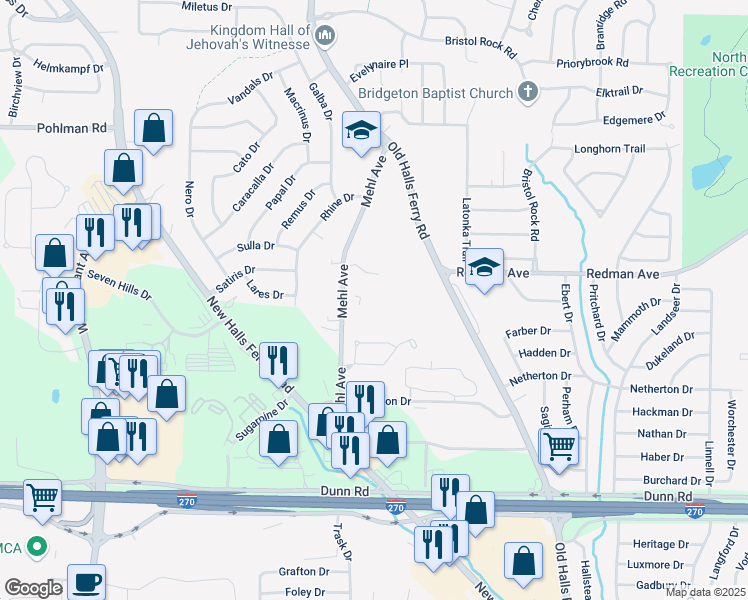 map of restaurants, bars, coffee shops, grocery stores, and more near 11420 Mehl Avenue in Florissant