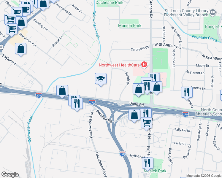 map of restaurants, bars, coffee shops, grocery stores, and more near 7350 Hazelcrest Drive in Hazelwood